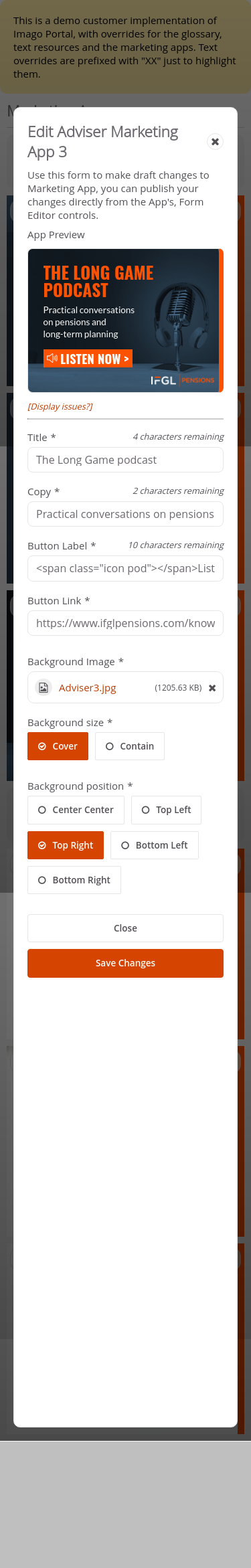Customer-IFGL > 03 Marketing Dashboard > Edit Marketing Apps